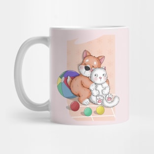 A Cute Corgi Makes Friend With A White Cat Mug